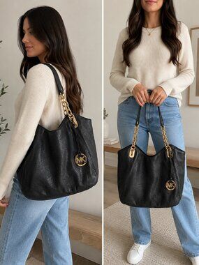 Michael Kors Black Pebbled Leather Chain Shoulder Tote Bag Gold Hardware
